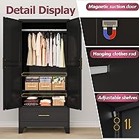 Vista 3 de Armario Ropero de Acero, Armario Guardarropa Doméstico de 71", Gabinete Guardarropa con 2 Puertas, 1 Estante Ajustable y 1 Cajón, Gabinete de 1