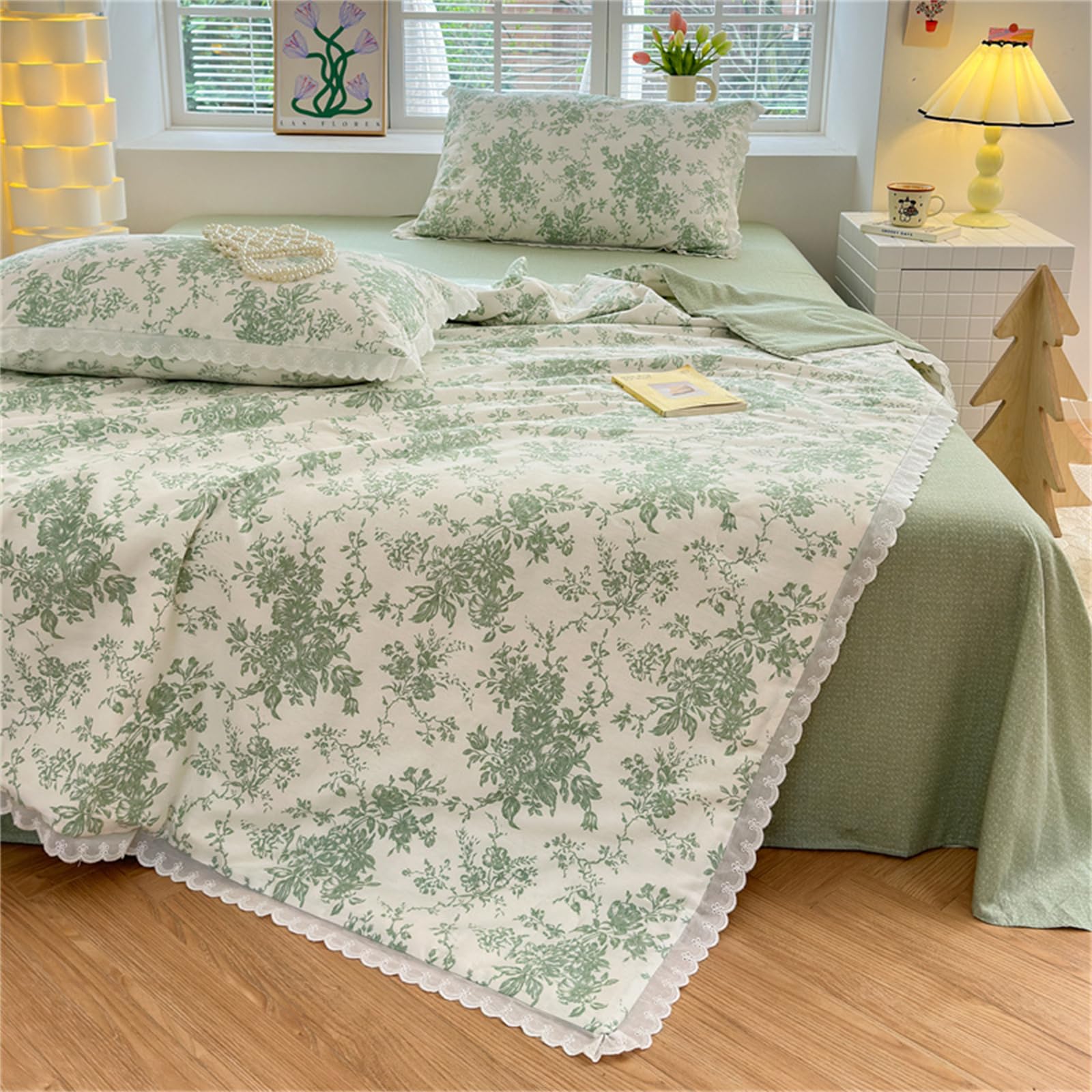 Fansu 100% Algodón Colcha Acolchada Fina Suave Cubrecama Rellenos Finos Toda Temporada Edredón Colchas Bouti Cama 90/135/150, Manta para Sofa Encaje Blanco (Enredaderas Verdes,200x230cm)