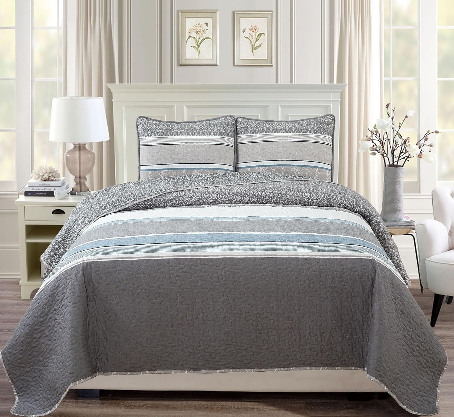 Grand Linen - 3-Piece Fine Printed Oversized King Size (115 X 95) Light Weight Quilt Set Reversible Bedspread All-Season Coverlet Bed Cover (Grey, Teal Blue, White, Stripe)