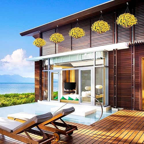 Miniatura 3 de Flores artificiales de otoño para madres falsas en cesta colgante para patio, jardín, porche, terraza, decoración de verano y otoño, arreglo de