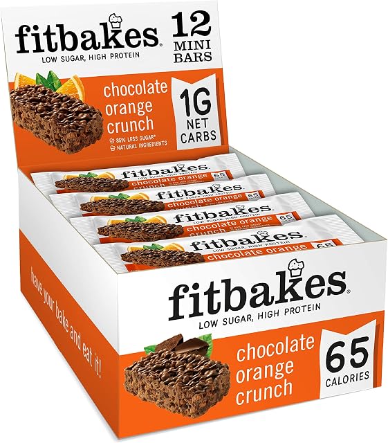 Fitbakes Diet Snack Bars - 62 Calories (12x19g) Mini Chocolate Orange, Diabetic Chocolate Keto Snacks, Sugar Free Sweets, Healthy Snack, Diet Food, Low Carb Snack High Fibre Gut Health Bar, Fit bake