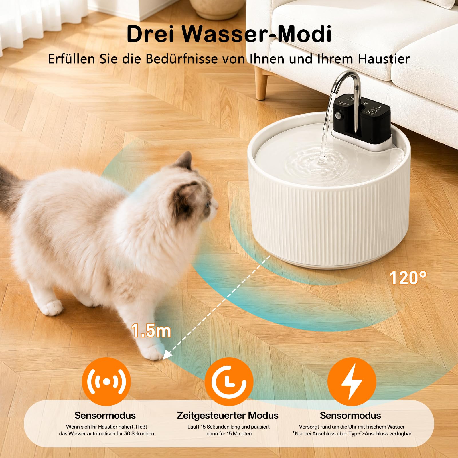 Katzenbrunnen Kabellos Keramik, 2,2L Trinkbrunnen für Katzen Keramik, Leise Katzenbrunnen Bewegungsmelde, Automatischer Wasserspender für Katzen und Hunde mit Filtersystem, 4200mAh Akku, Weiß