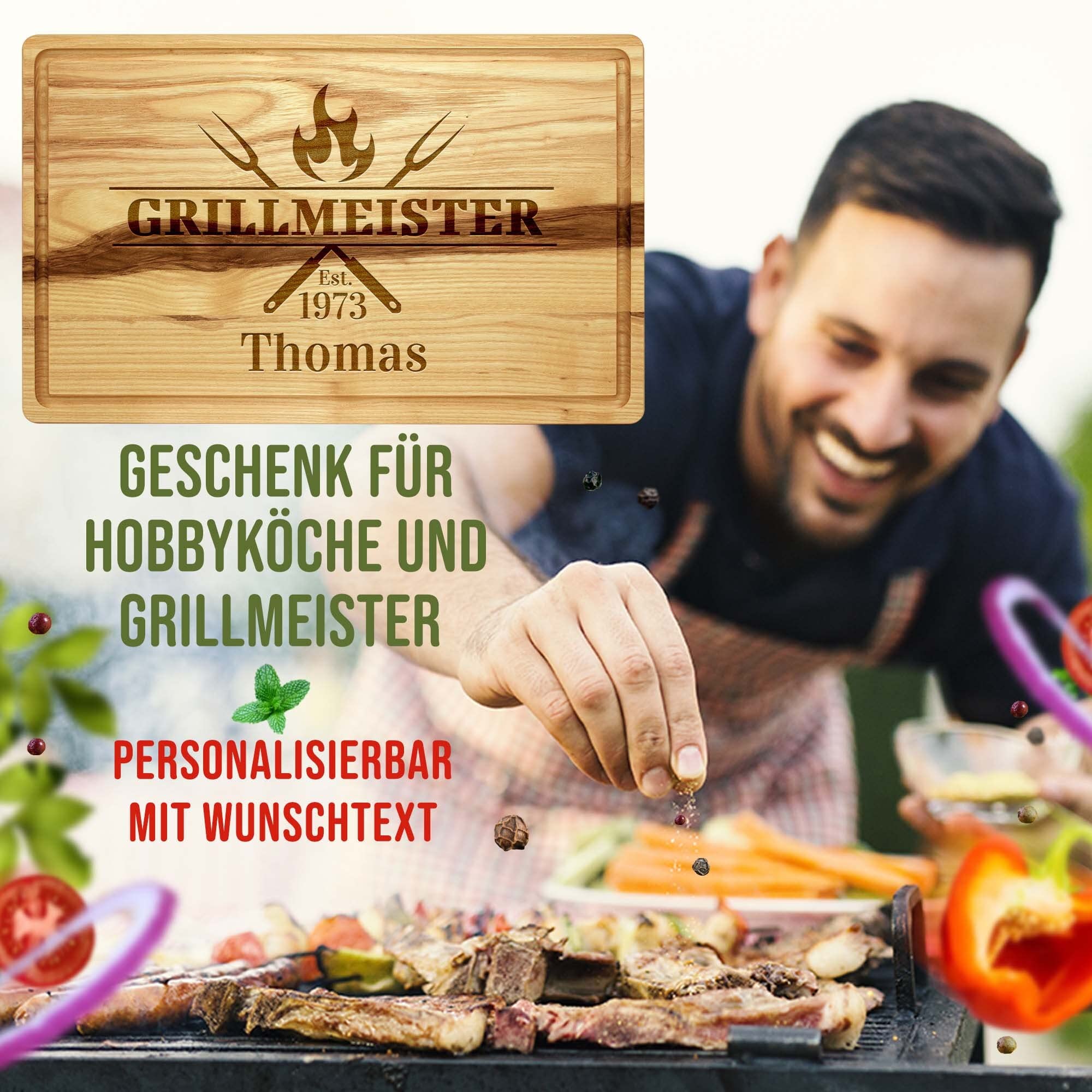 PR Print Royal Großes Holzbrett mit Gravur - Schneidebrett personalisiert mit Name und Jahr - Grillmeister est. - Geschenke für Grillfans | Eschenholz, 40 x 25 x 2 cm, personalisiertes Geschenk