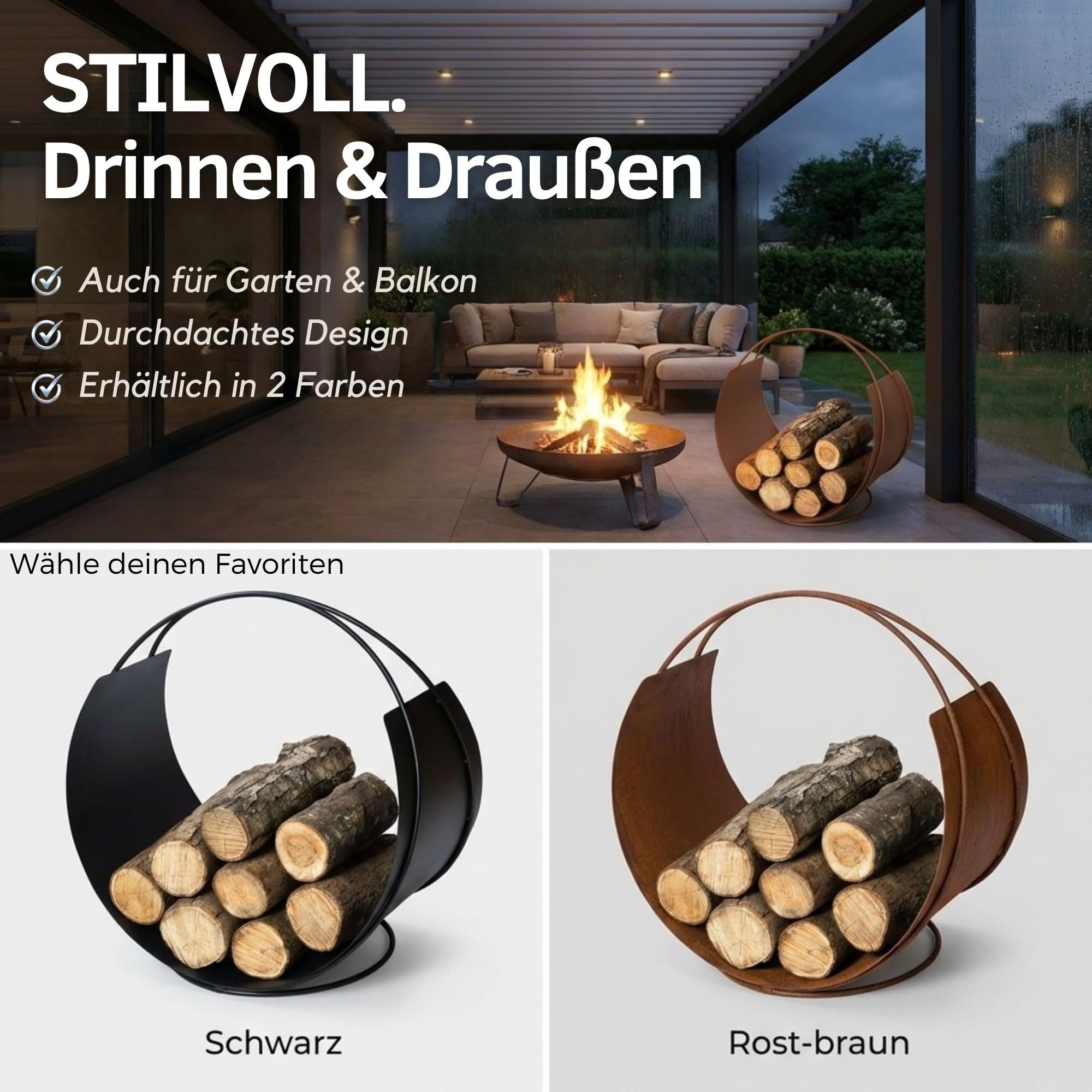 VASNER Situro S1/S2 Holzkorb – Kaminholzkorb Metall rund – Holzkorb für Kaminholz – Kaminholz innen & außen – Feuerholzkorb modern – 58 x 58 x 38 cm - schwarz