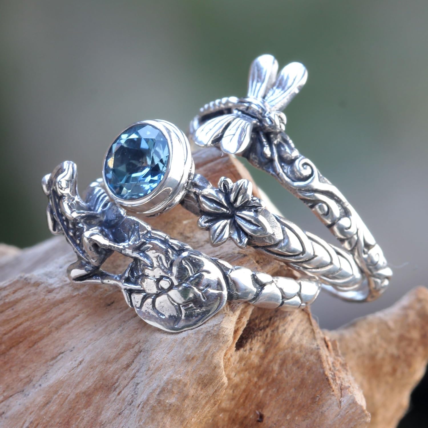 NOVICA Artisan Handmade Blue Topaz Stacking Rings Dragonfly Frog Silver 3 Sterling Indonesia Animal Themed Floral Birthstone 'Garden of Eden'