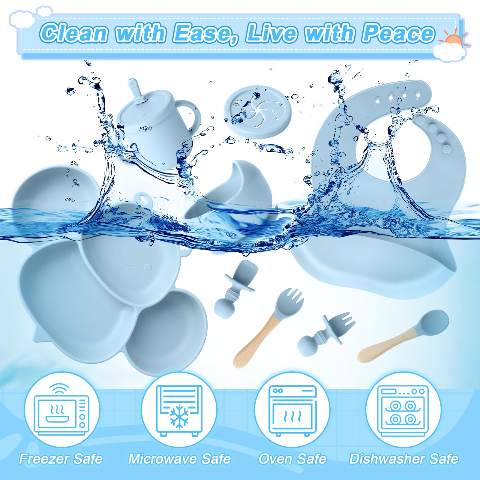 Set de Vaisselle Bébé en Silicone,Set de Repas Antidérapant pour Enfant avec Ventouse, Set de Vaisselle 8 Pièces Bébé