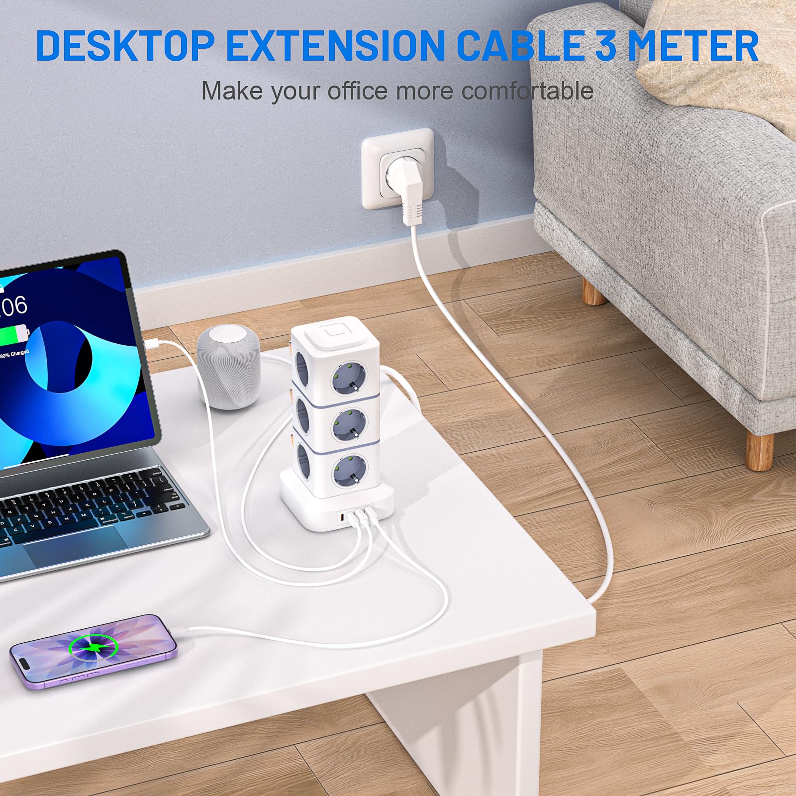 Power Strip Sockets 16 in 1 Vertical Power Strip Plugs with 12 Outlets and 2USB-A 2USB-A 2USB-C Tower Power Strips Sockets 2500W/10A Overload Protection 3 Meter Cable with Switch for Office Home — view 7