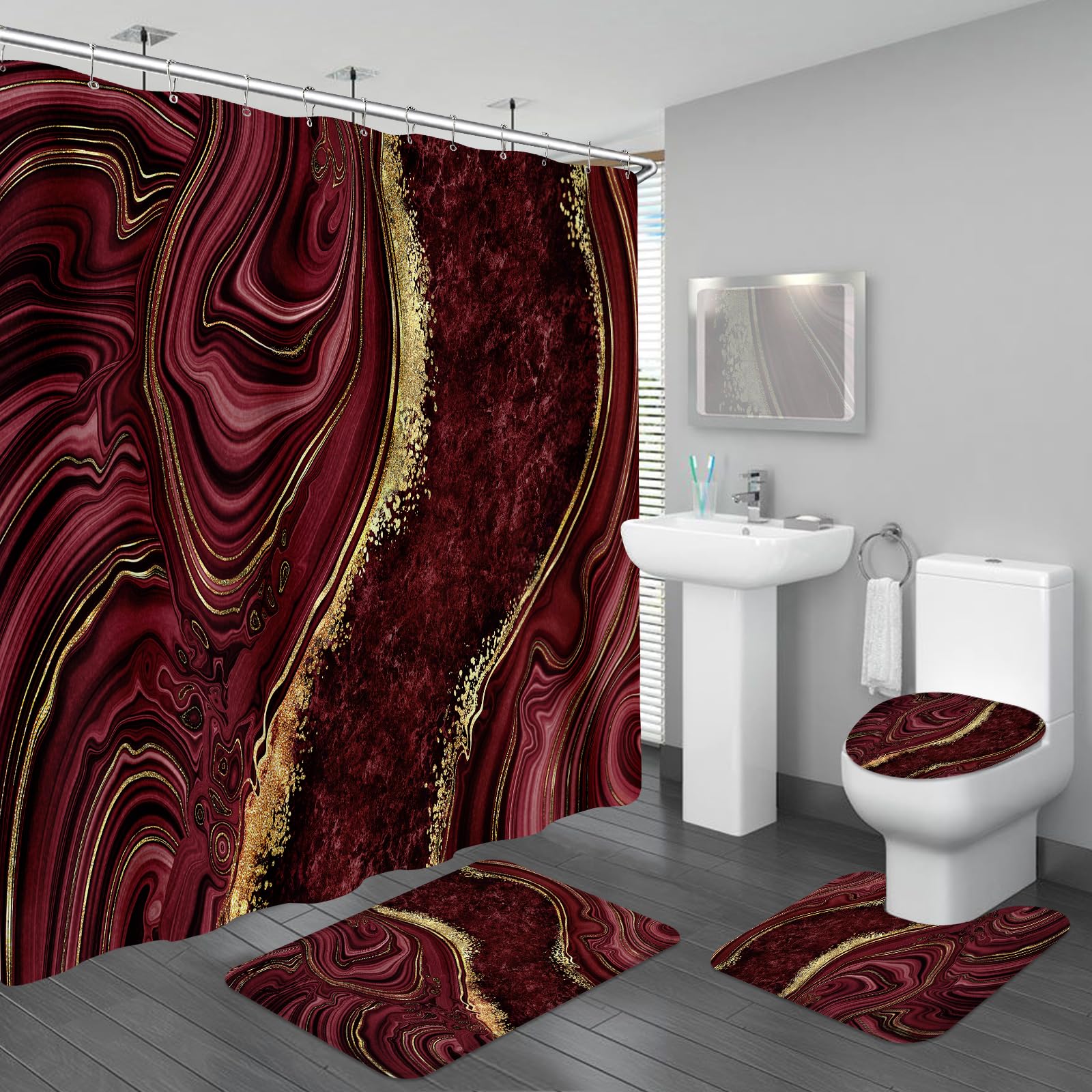 4PCS Burgundy Red Marble Shower Curtain Sets with Rugs, Abstract Bathroom Sets with Shower Curtain and Rugs, Gold Bathroom Curtains Shower Set with Toilet Lid Cover Accessories