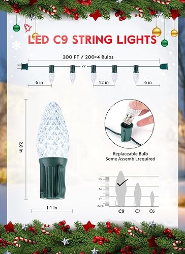 Miniatura 8 de Minetom Guirnalda de luces de Navidad C9, luces LED comerciales de Navidad para exteriores de 100 pies con 100 bombillas C9 de fresa, impermeables,