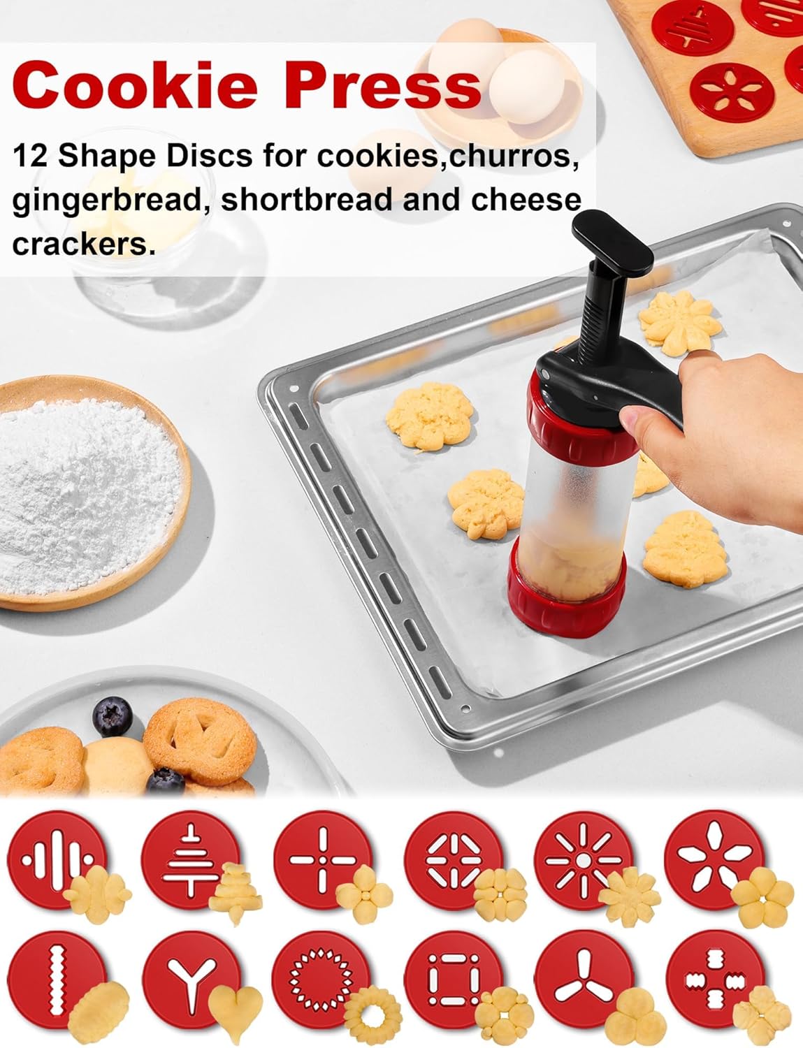 Cookie Press Set, Churro Maker with 12 Discs and 10 Cake Decorating Tips, Cookie Press for Biscuit and Churro, Red