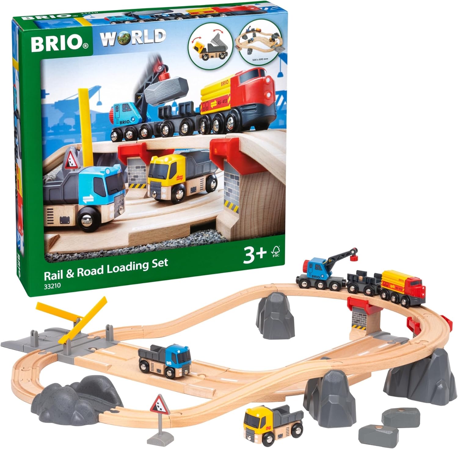 Fully assembled BRIO World Rail & Road Loading Set with train, trucks, and crane on tracks and roads.