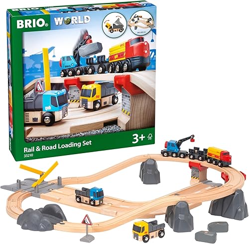 BRIO World 33210 - Juego de carga de ferrocarril y carretera juego de tren de juguete de madera de 32 piezas para niños a partir de 3 años