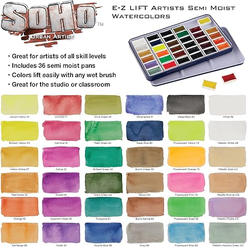 Miniatura 3 de Soho Urban Artist E-Z Lift Artist - Juego de 36 sartenes para acuarelas profesionales con colores ricos y brillantes para pintores, artistas,