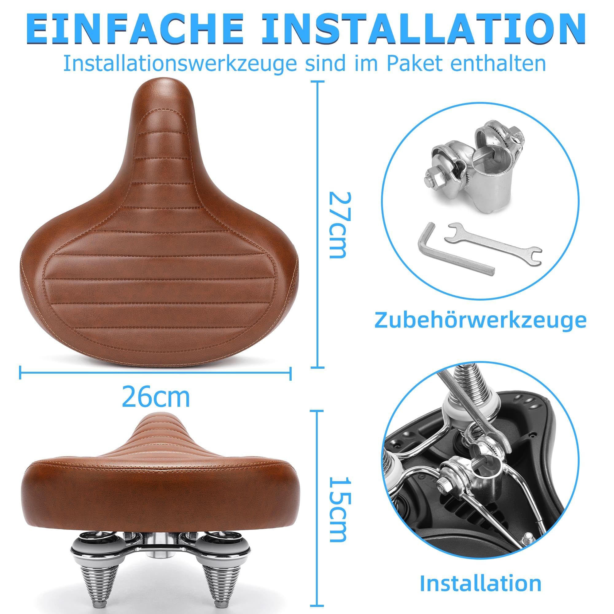 CDYWD Groß Bequemer Fahrradsattel für Herren & Damen, Breit, Weich, Ergonomisch, Bequem Retro Fahrradsitz mit federung, Universal Ersatz Fahrrad Sattel für Cityrad, Mountainbike, Ebike, Heimtrainer