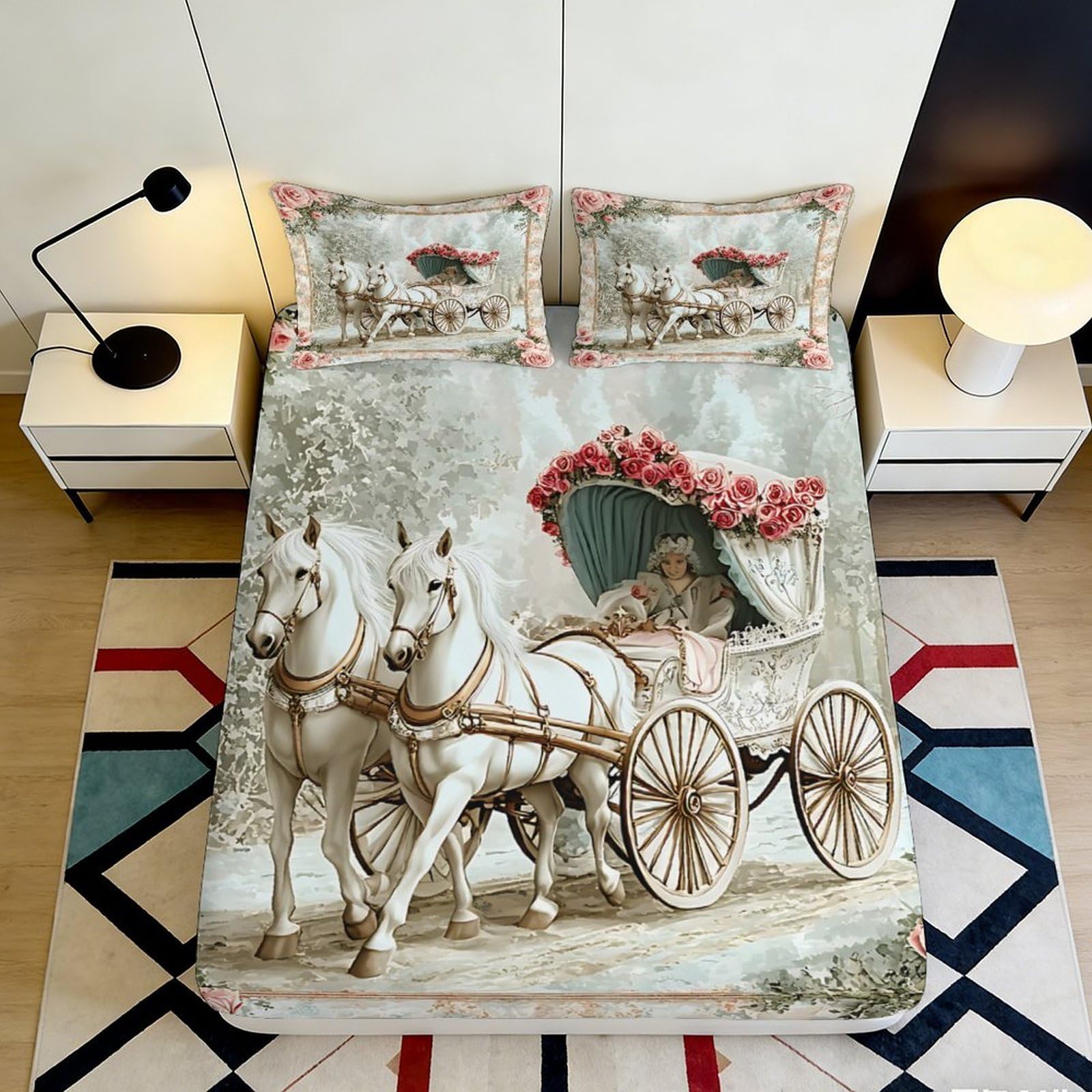 3D Printed Horse Carriage Fitted Sheet Microfiber Soft Breathable Floral Bed Cover for Bedroom Dormitory Guest Room Mattress Protection Decor 180x200x25cm
