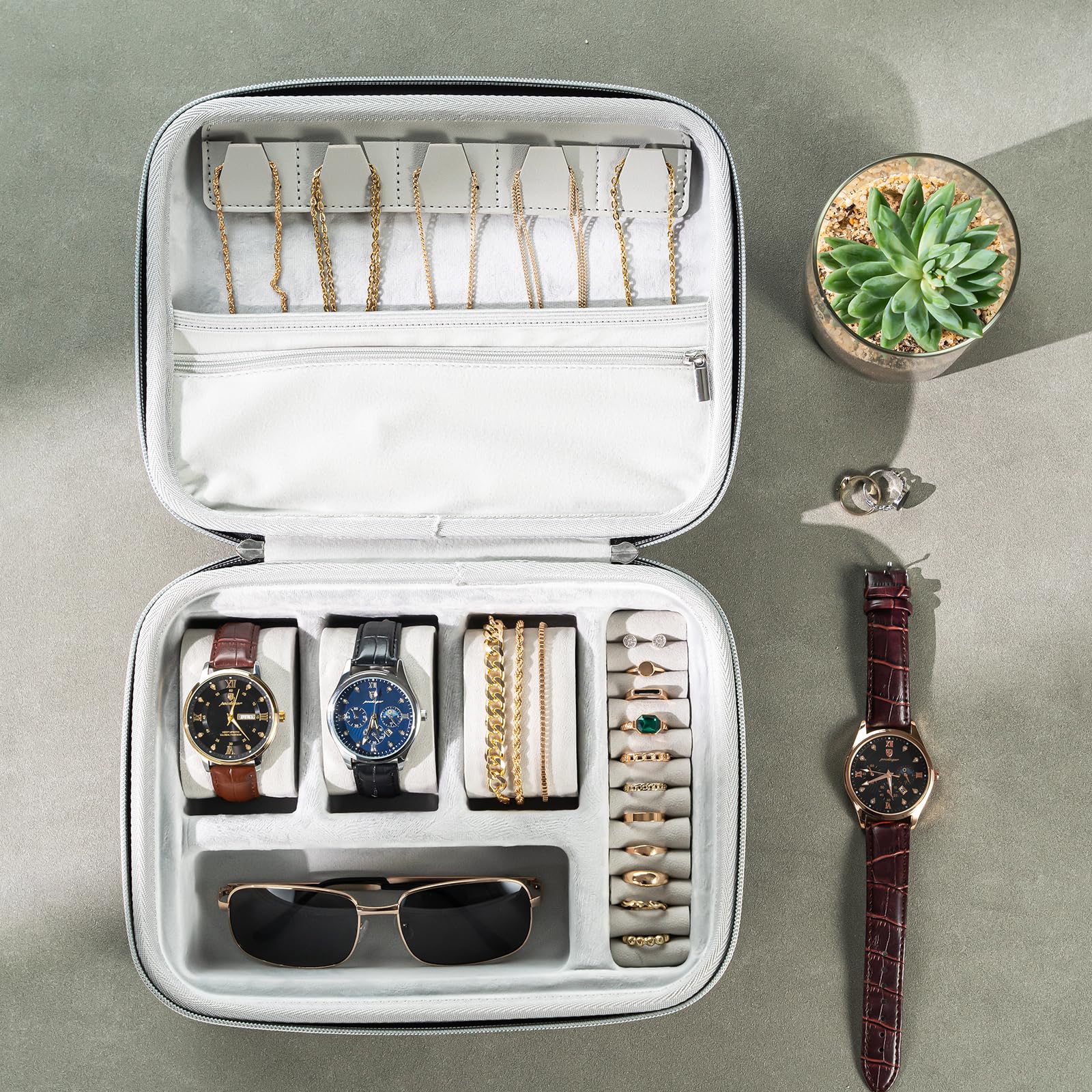 ProCase Estuche de Viaje para Joyas de Hombre, funda con 3 ranuras para relojes, organizador con cremallera para relojes, gafas, collares, anillos y pulseras, estuche portátil - Gris
