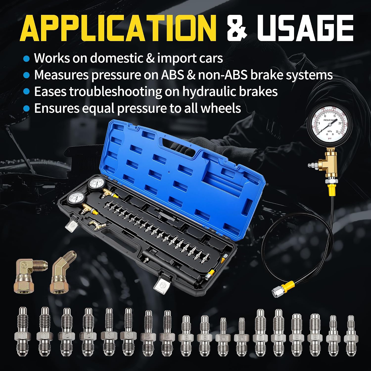 Kuntech Brake System Pressure Test Kit, 0-3500 PSI Hydraulic Gauge, Universal ABS Brake Tester, Diagnostic Tool for Gasoline Vehicles