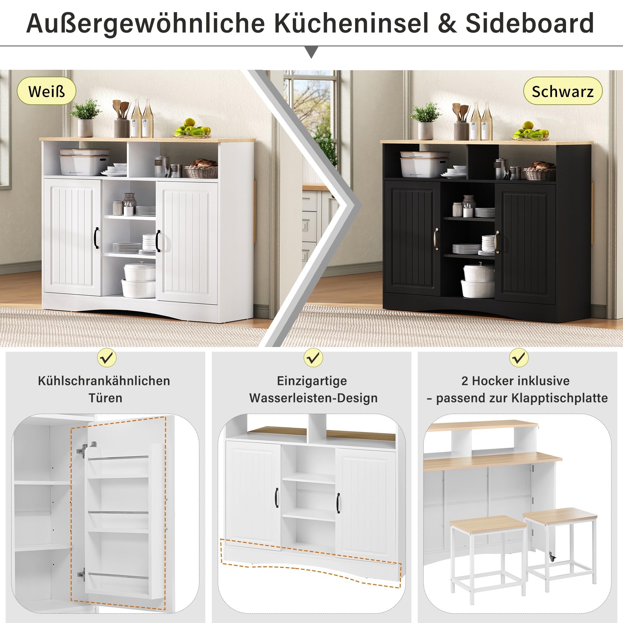 Wyspa kuchenna na kółkach z wysuwaną jadalnią, biała, MDF, 110 x 34-68 x 97,5 cm, z krzesłami i dużą ilością miejsca do przechowywania