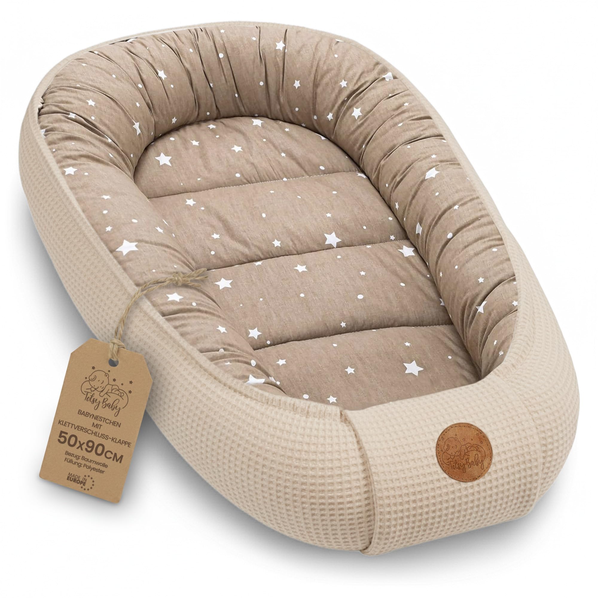 Baby Nest Pod Bassinet Lounger – 90x50 cm Sleep Pod Newborn 0-36 Months Portable Co Sleeper Travel Furniture Cozy Snuggle Breathable Cotton Wafel Beige with white stars