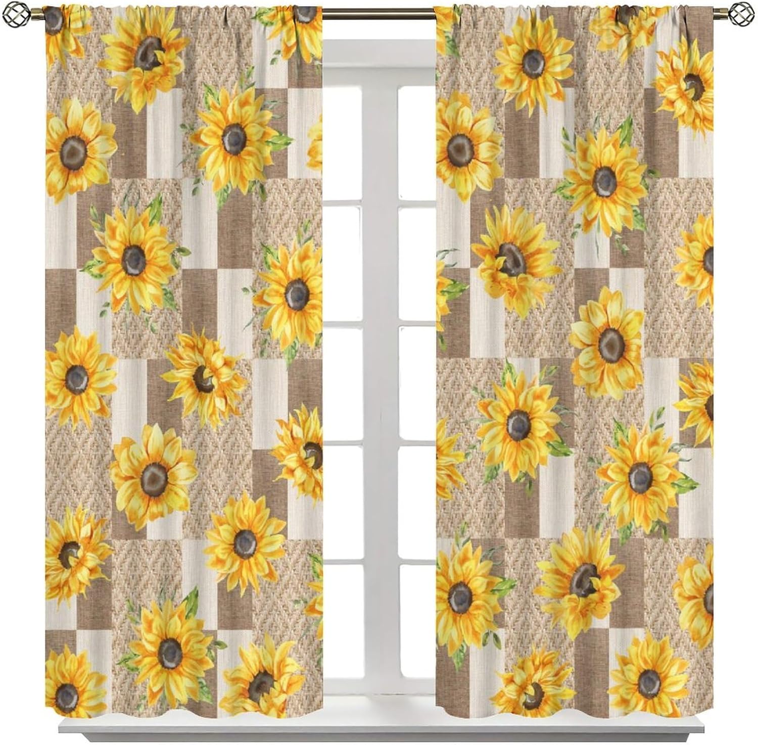 Farmhouse Sunflower Curtains, Rustic Vintage Linen Patchwork Summer Yellow Floral Print Window Curtains for Living Room Bedroom Kitchen Cafe, 42" W X 45" L
