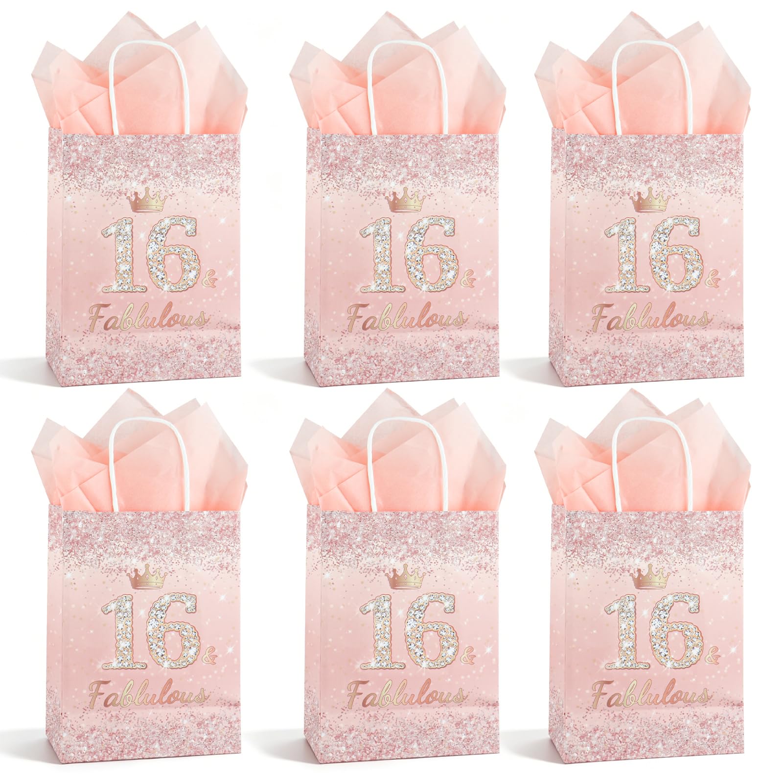 6pcs 16th Birthday Gift Bag for Her,16 & Fabulous Rose Gold Glitter Gift Bag with Tissue Paper, Perfect 16th Birthday Party Supplies & Gift Wrap for Women, Girls, Daughter, Friend — image 1