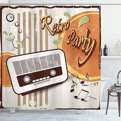 Ambesonne 70s Party Shower Curtain, Retro Party Themed Artwork Old Radio Cocktails Floral Details Print, Cloth Fabric Bathroom Decor Set with Hooks,