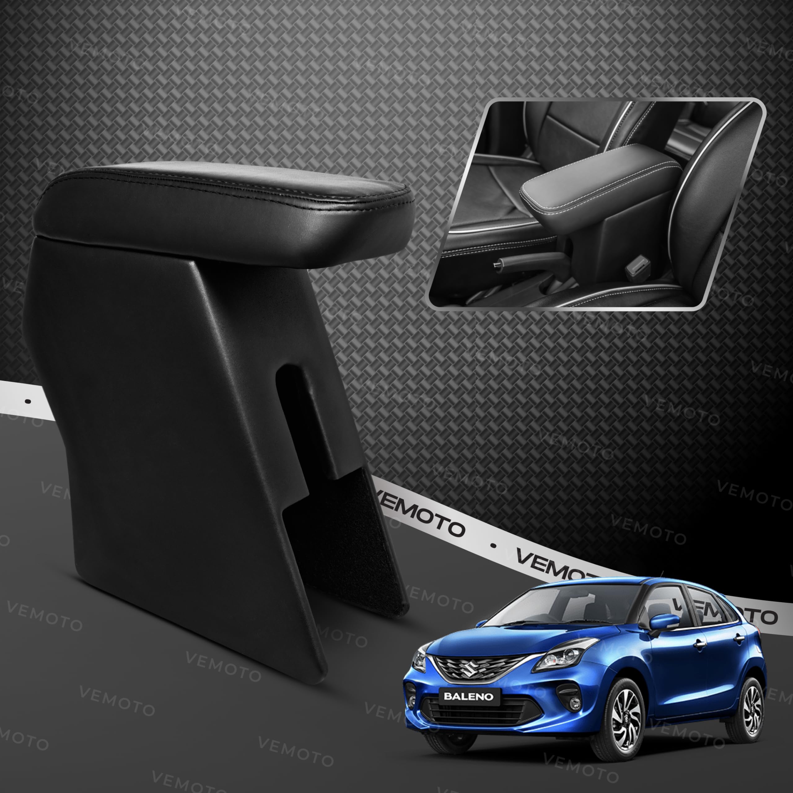 VEMOTO™ 2.0 High-End Car Center Armrest with Storage Compartment and Ultimate Comfort for Maruti Baleno (Black)