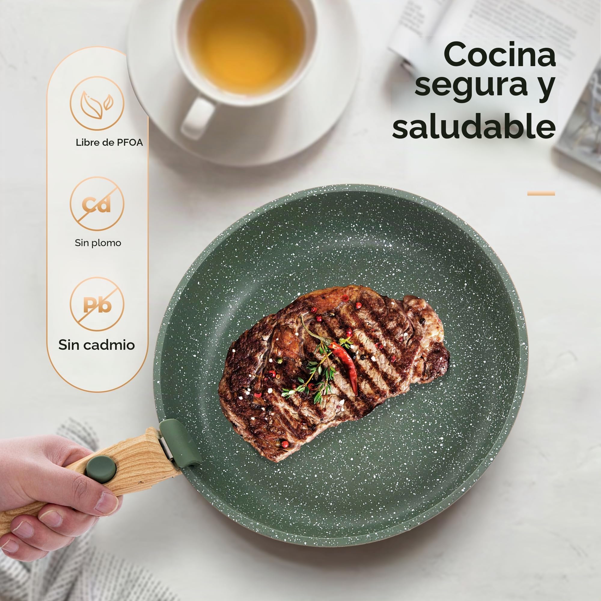Juego de Sartenes Antiadherente 10 piezas con Mango Desmontable Verde | Juego de Cocina con Tapa de Cristal, Desmontable, Textura de Mármol, Apta para Inducción, Gas y Microondas