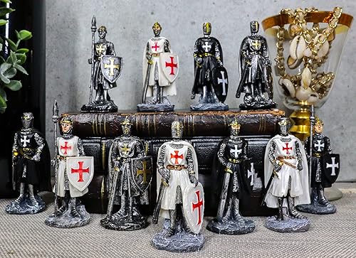 Vista 6 de Ebros Gift Juego de 12 figuras medievales de caballeros de la cruz, cruzados con espadas, alabardas y escudos, traje de armadura, esculturas