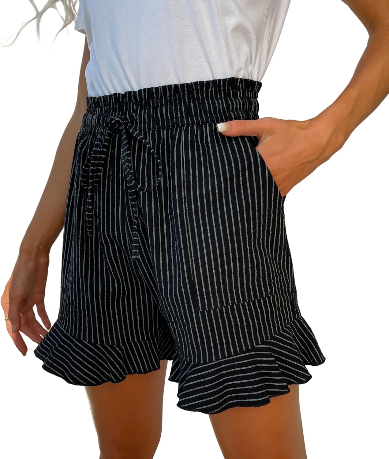 Linen Shorts for Women High Waisted Wide Leg Drawstring Ruffle Summer Beach Casual Loose Flowy Shorts with Pockets