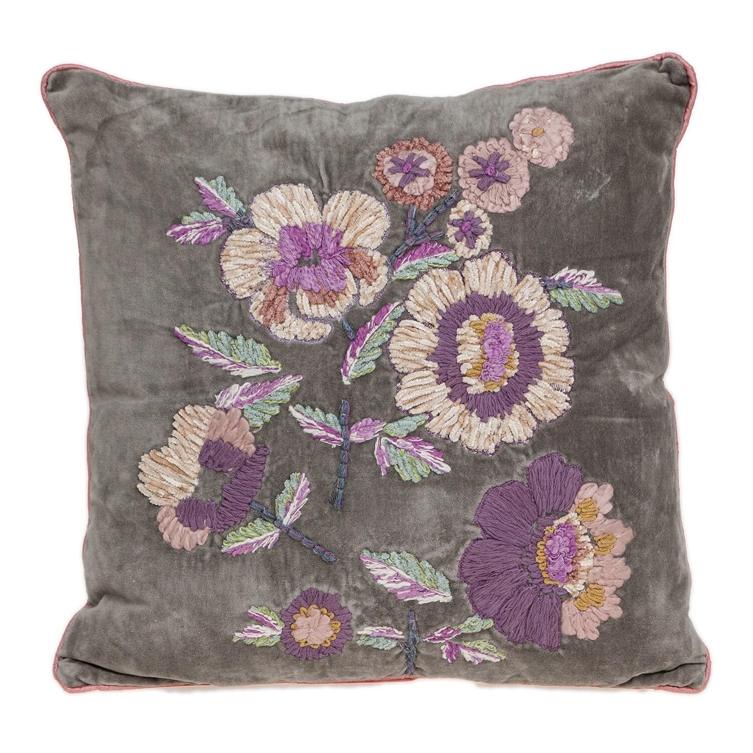 Bed Bath Beyond 18 X 18 Taupe and Purple Zippered 100 Cotton Throw Pillow with Embroidery