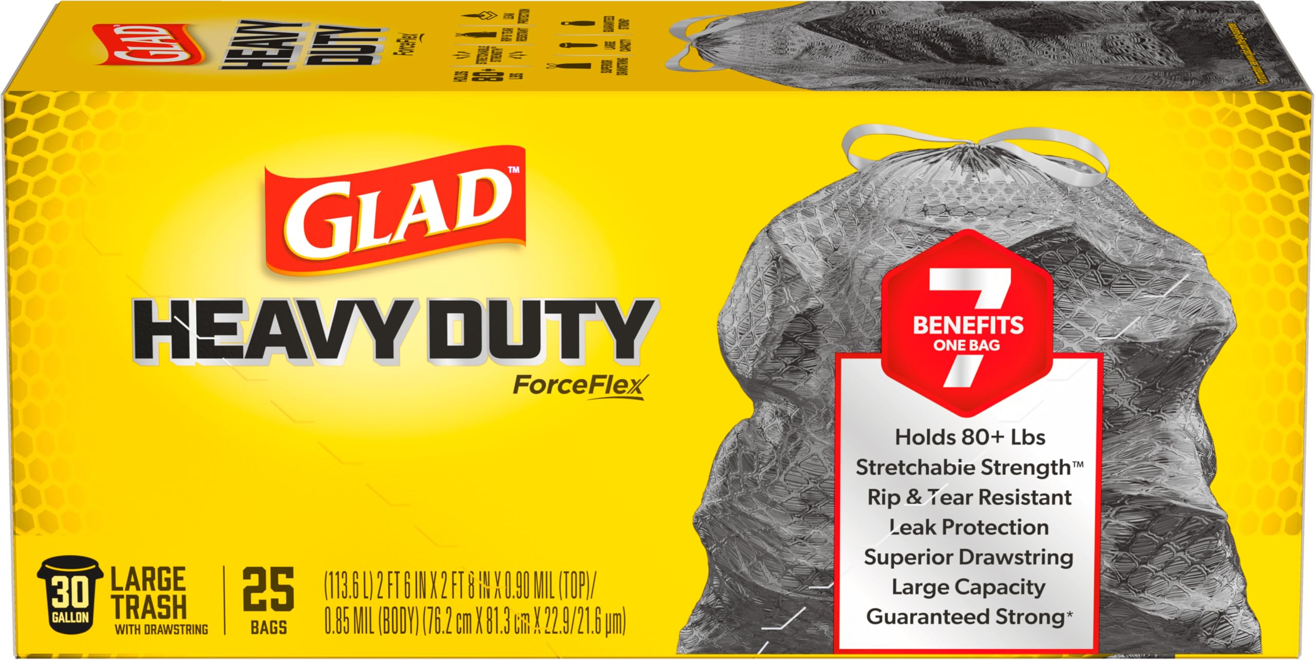 Glad ForceFlex Heavy Duty Large Trash Bags, Hold 80+ lb, 30 Gal, 25 Ct (Package May Vary)