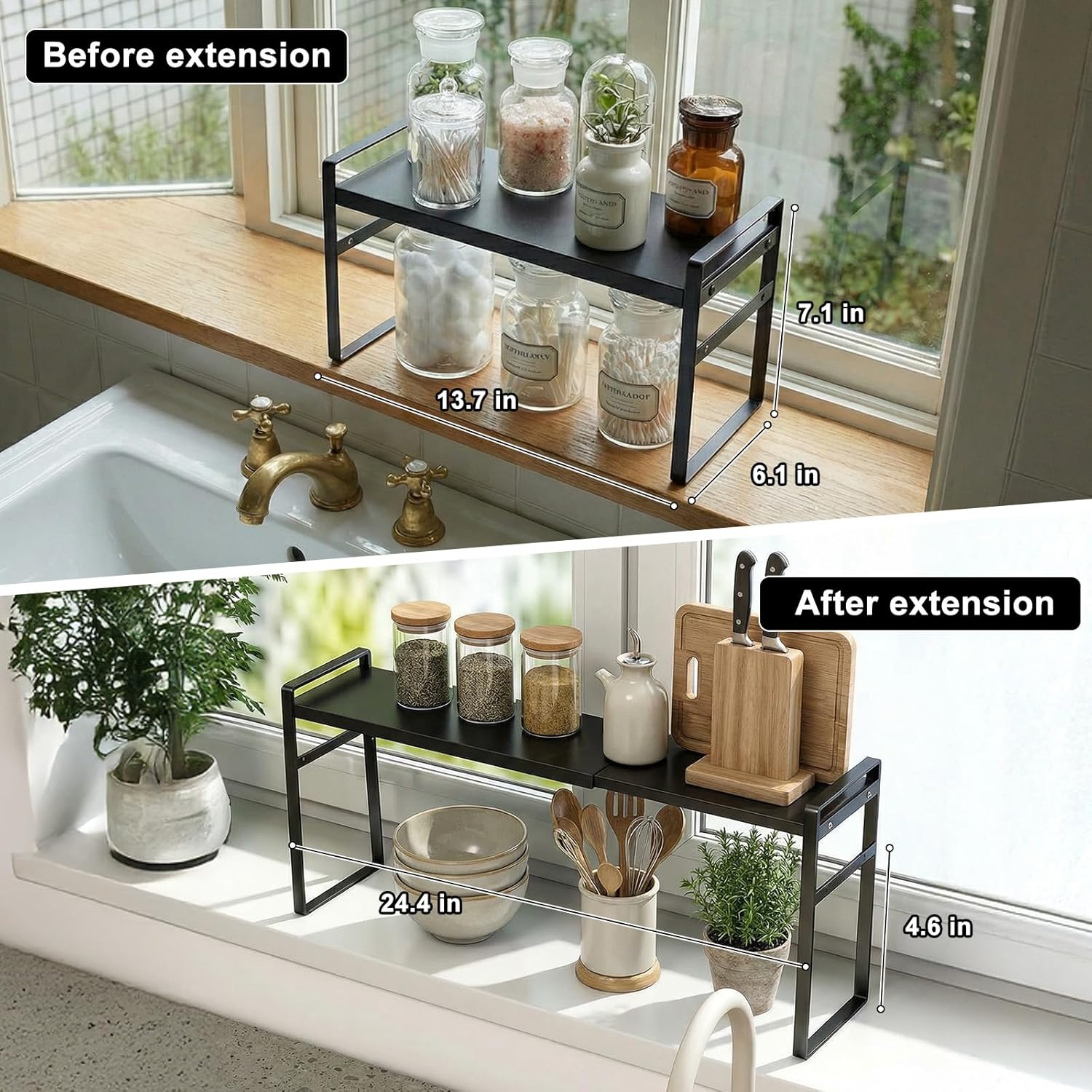 Over The Sink Shelf,Expandable Window Sill Shelf for Plants Small Tall Shelves Stackable Kitchen Organizer Shelves for Bathroom Kitchen Narrow Spaces Countertop