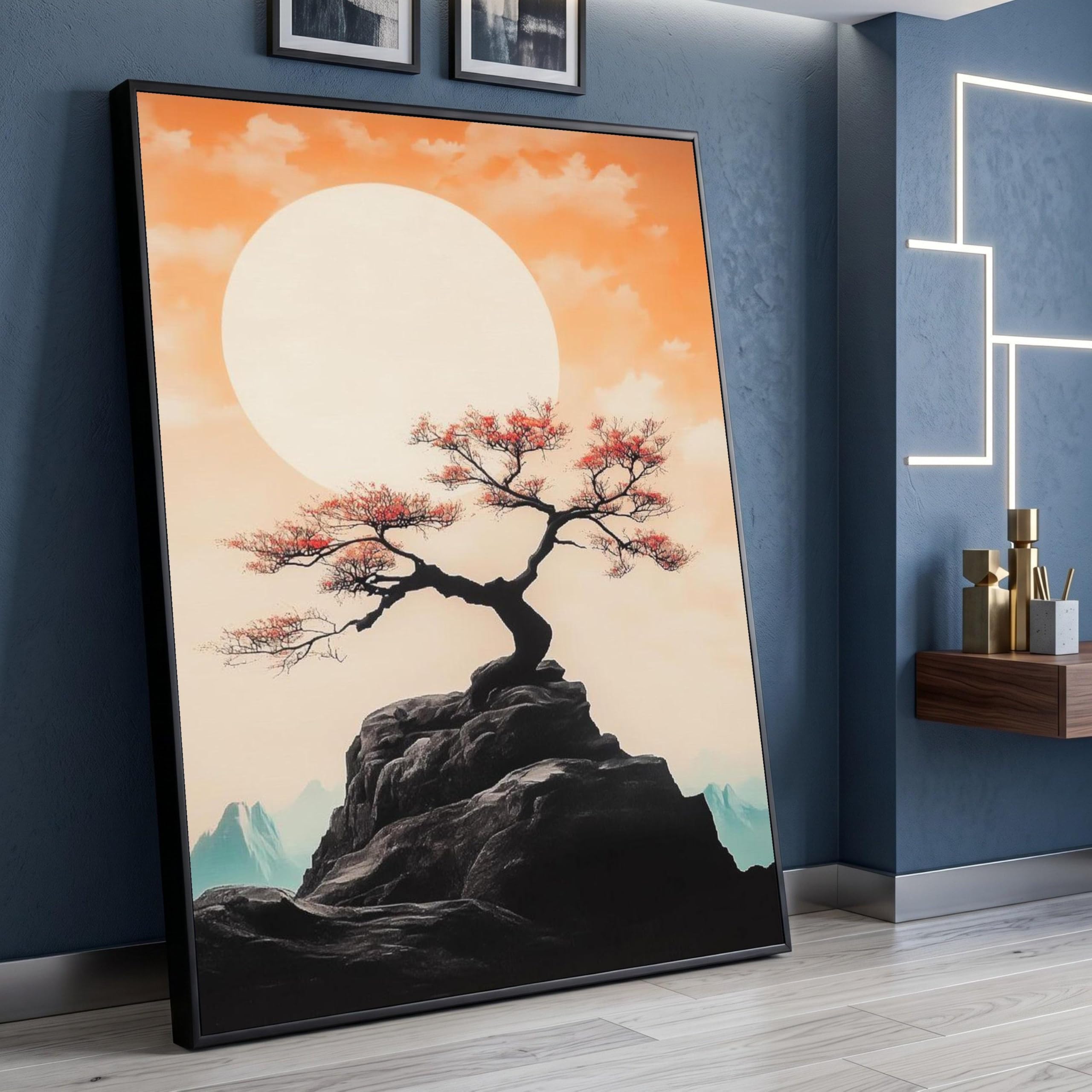 LMYCHENG Serene Bonsai Tree Canvas Prints, Sunset Nature Wall Art, Japanese Landscape Painting, Zen Home Decor Artwork(70x100cm/Frameless)