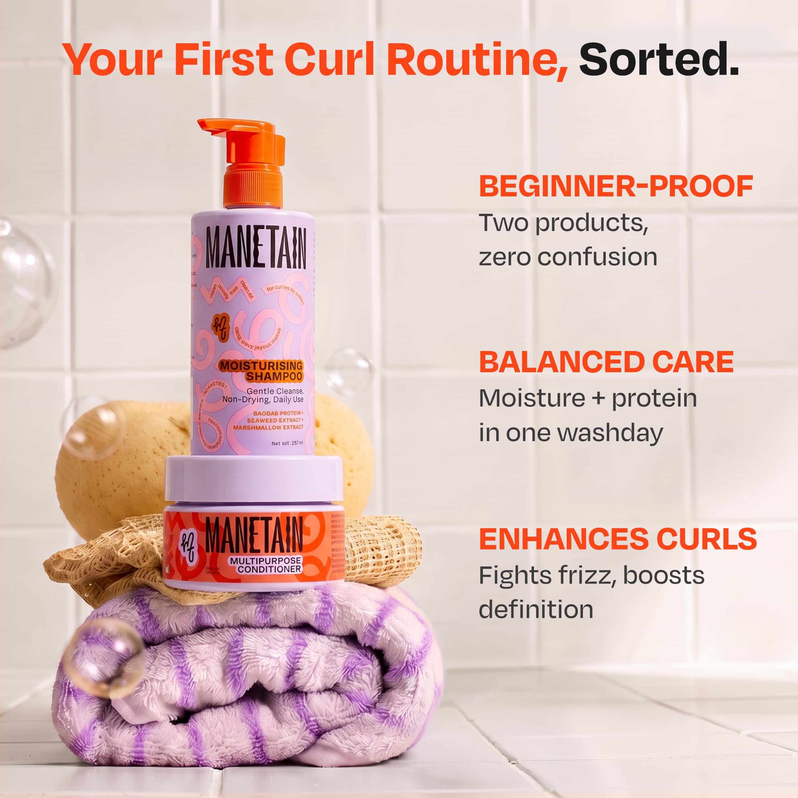 MANETAIN Beginner Basic Bundle | Moisturising Shampoo 237ml & Multipurpose Conditioner 200gm | Protein/Moisture Balanced for Curly, Wavy & Frizzy Hair | Frizz Control, Hydrating, Strengthening, Curl Enhancing | CG Friendly product image 2