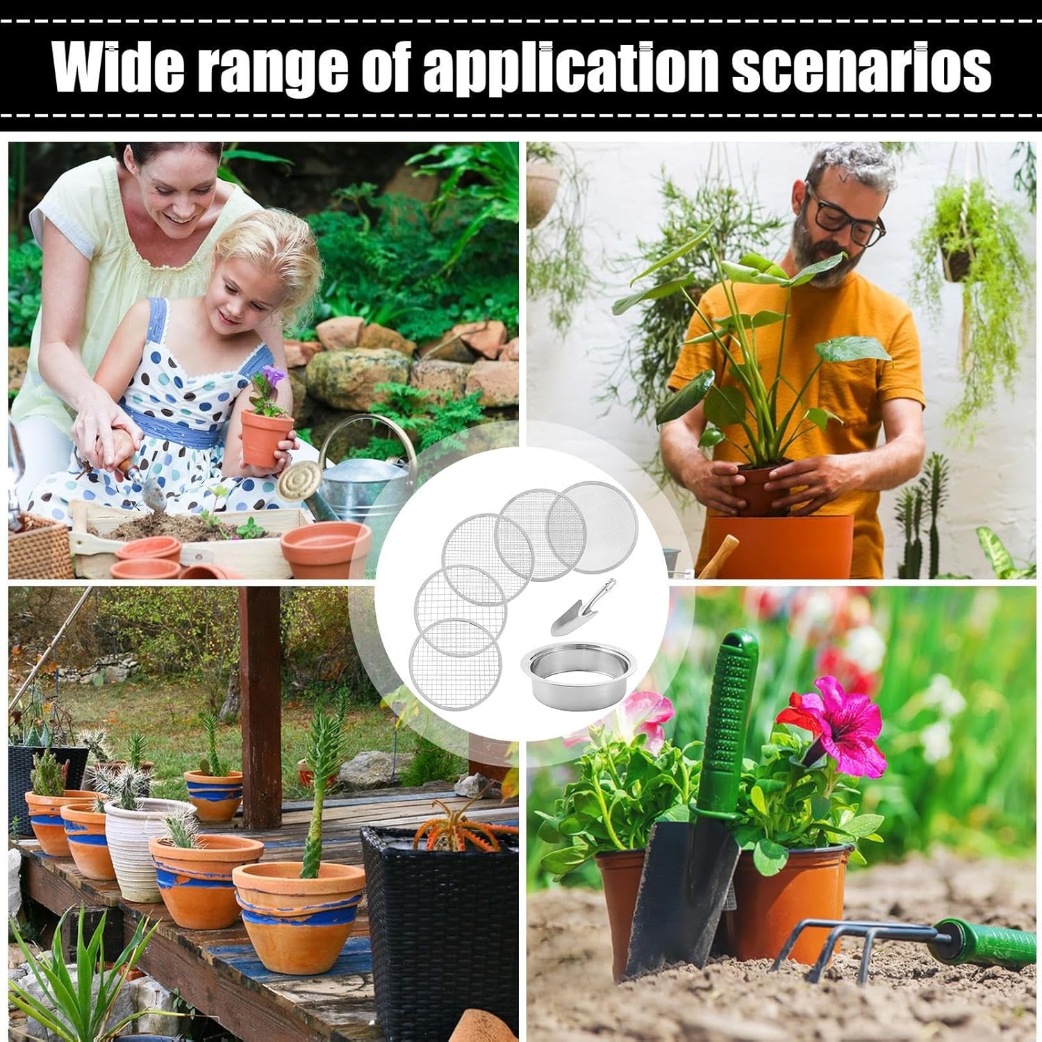 Soil Sifter | Stainless Steel Sand Sifter Soil Sieve, 5 Replaceable Mesh Screens | 1/3/6/9/12mm Garden Potting Sieve with Shovel, Stackable Sifting Pan