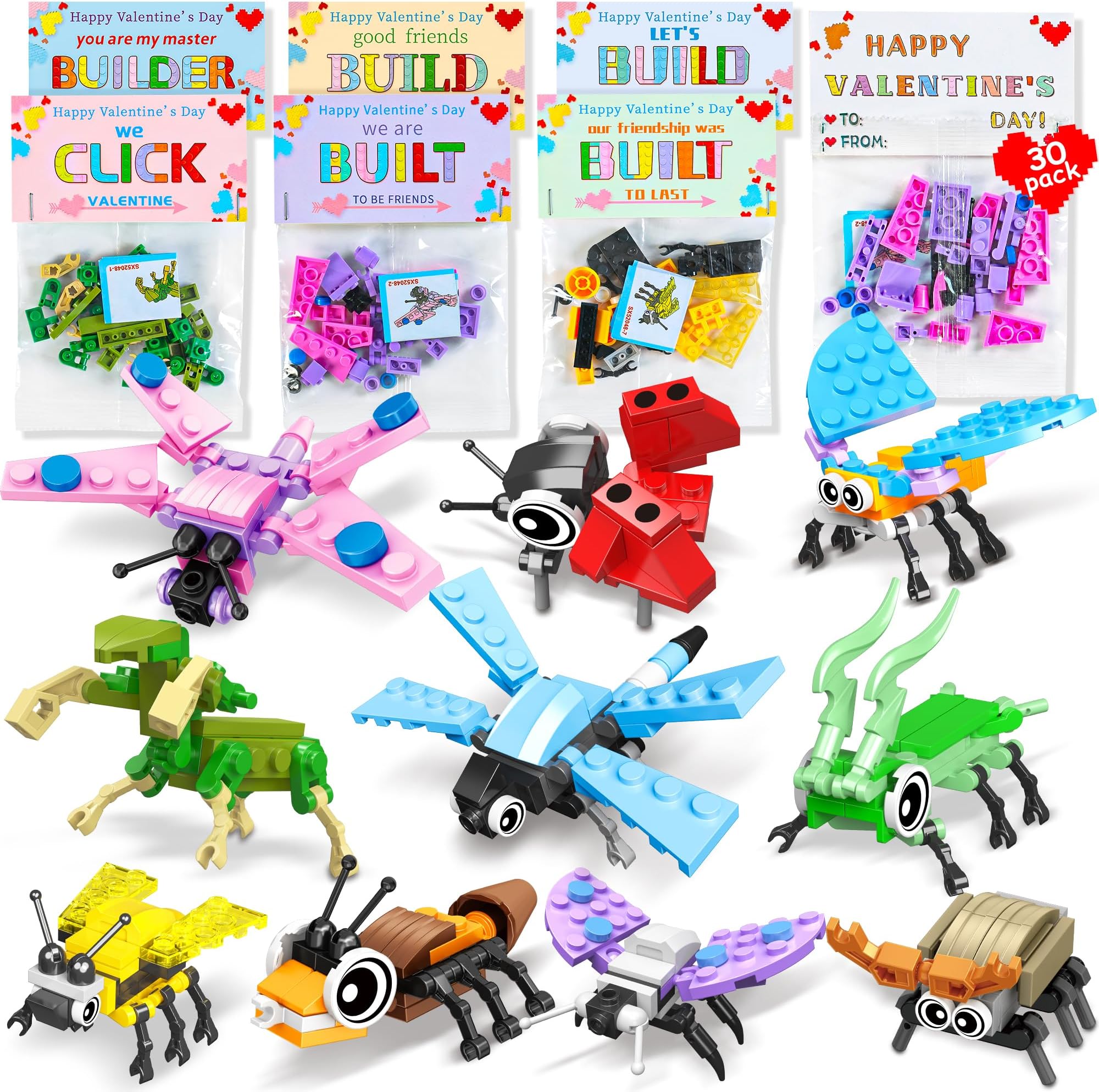 AYGXU 30 Pcs Valentines-Day Gifts for Kids Classroom-Insect Blocks,Kids Valentines-Day Cards with Animal Building Blocks for Boys Girls,Class ValentinesGifts Exchange, Party Favors