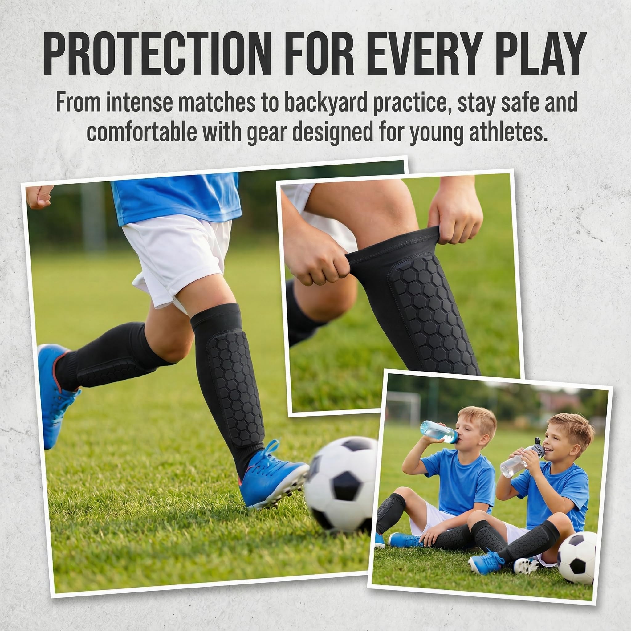 Espinilleras de fútbol para niños y niñas Ligeras, Acolchado de Panal de Abeja Amortiguador, Banda de Silicona Antideslizante, protección cómoda para niños y Adolescentes