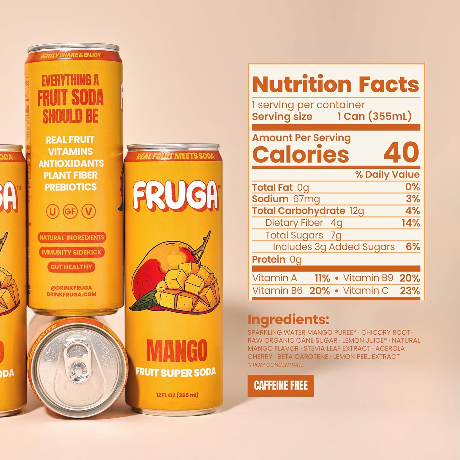 FRUGA Mango Sparkling Fruit Super Soda, Prebiotic Soda, Low Calorie, Healthy Soda Benefits and Vitamin Boost, 12 Fl Oz (Pack of 12)