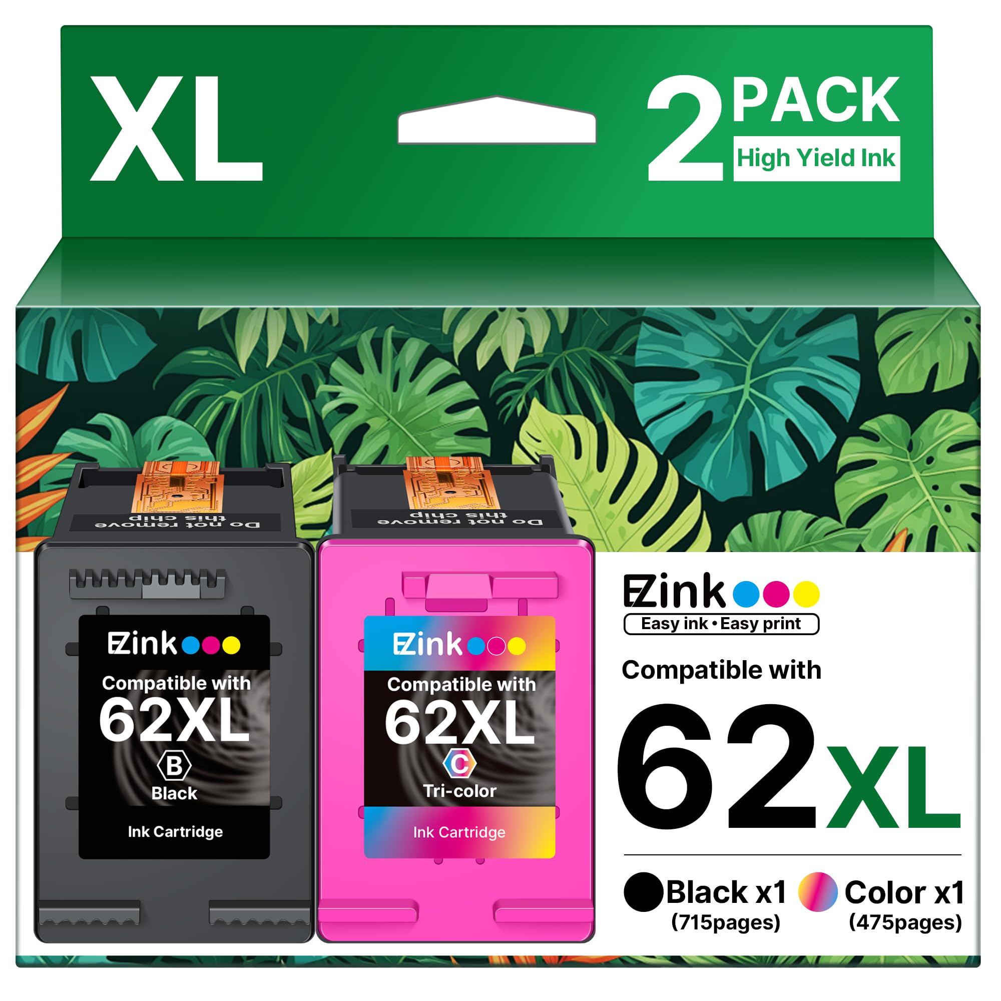 62XL Ink Cartridge High-Yield Remanufactured for HP Ink 62 XL 62XL Ink Cartridge Combo Pack to Use with Envy 5540 5640 5660 7644 OfficeJet 5740 5741 8040 200 250 Series Printer (1 Tri-Color,