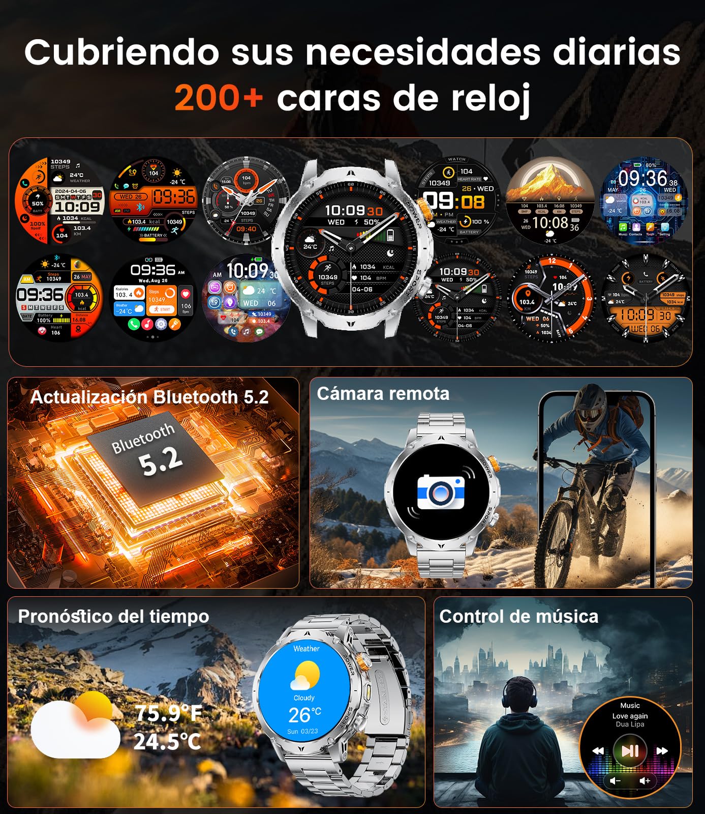Reloj Inteligente Hombre Militar 1000mAh, Smartwatch 1,7'' con Linterna LED y Llamadas Bluetooth, 110+ Modos Deportivos, IP68, Frecuencia Cardíaca 24H, Android/iOS, 3 Pulseras + 2 Cargadores, EF24-B