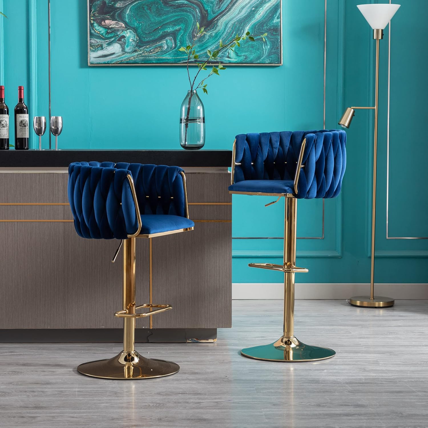Swivel Velvet Bar Stools Set of 2 - Adjustable Counter Height Dining Chairs with Woven Back, Perfect for Bar Counters, Kitchen Islands, Cafes, and Pubs (Blue + Golden, Set of 2)