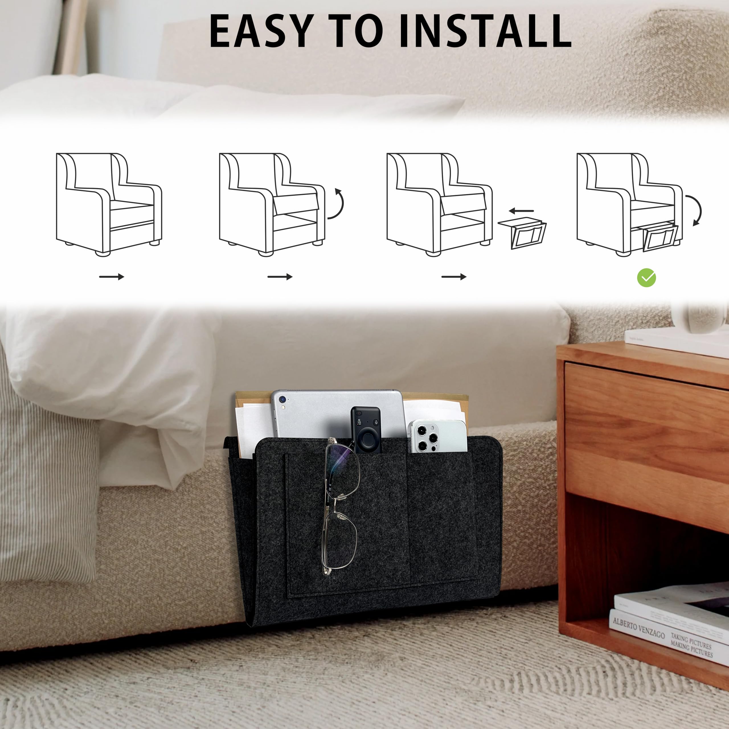 Organizer In Feltro Da Appendere Per Divano E Letto - 5 Tasche Per Giornali, Occhiali E Smartphone - Colore Marrone - Foto 3