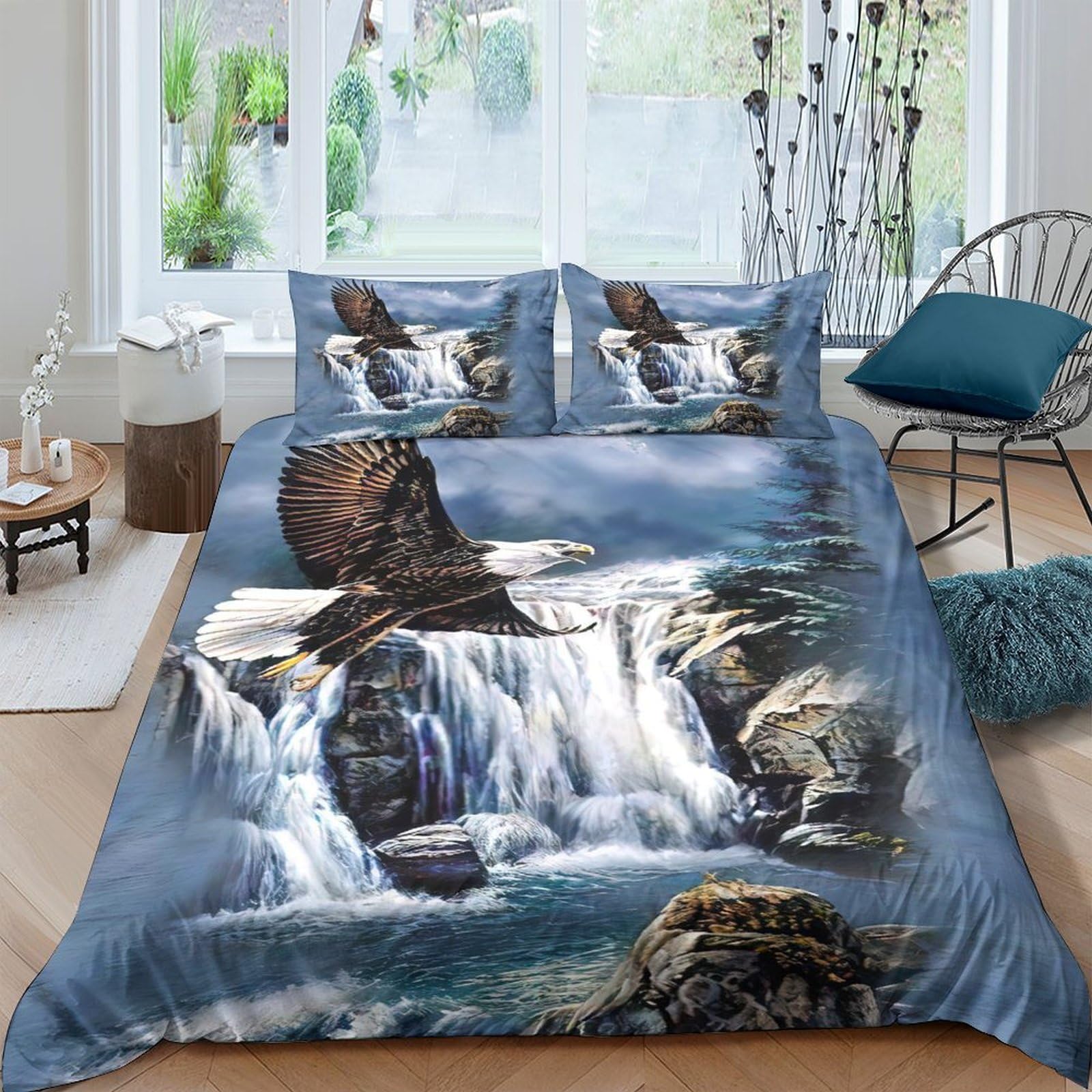 Ctjqhvkz Style-1 3D Printed Waterfall Eagle Fitted Sheet Microfiber Soft Anti-Slip Forest Bird Mattress Cover For Bedroom Living Room Decor Single（135X200cm）