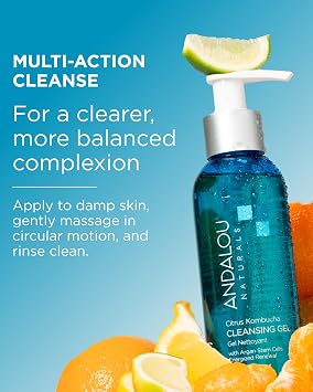 Andalou Naturals Clear Skin Citrus Kombucha Gel Face Cleanser - With Argan Stem Cells, Probiotics, Aloe Vera to Remove Excess Oil & Dull Surface Cells for More Radiant, Balanced Skin - 6 Fl Oz