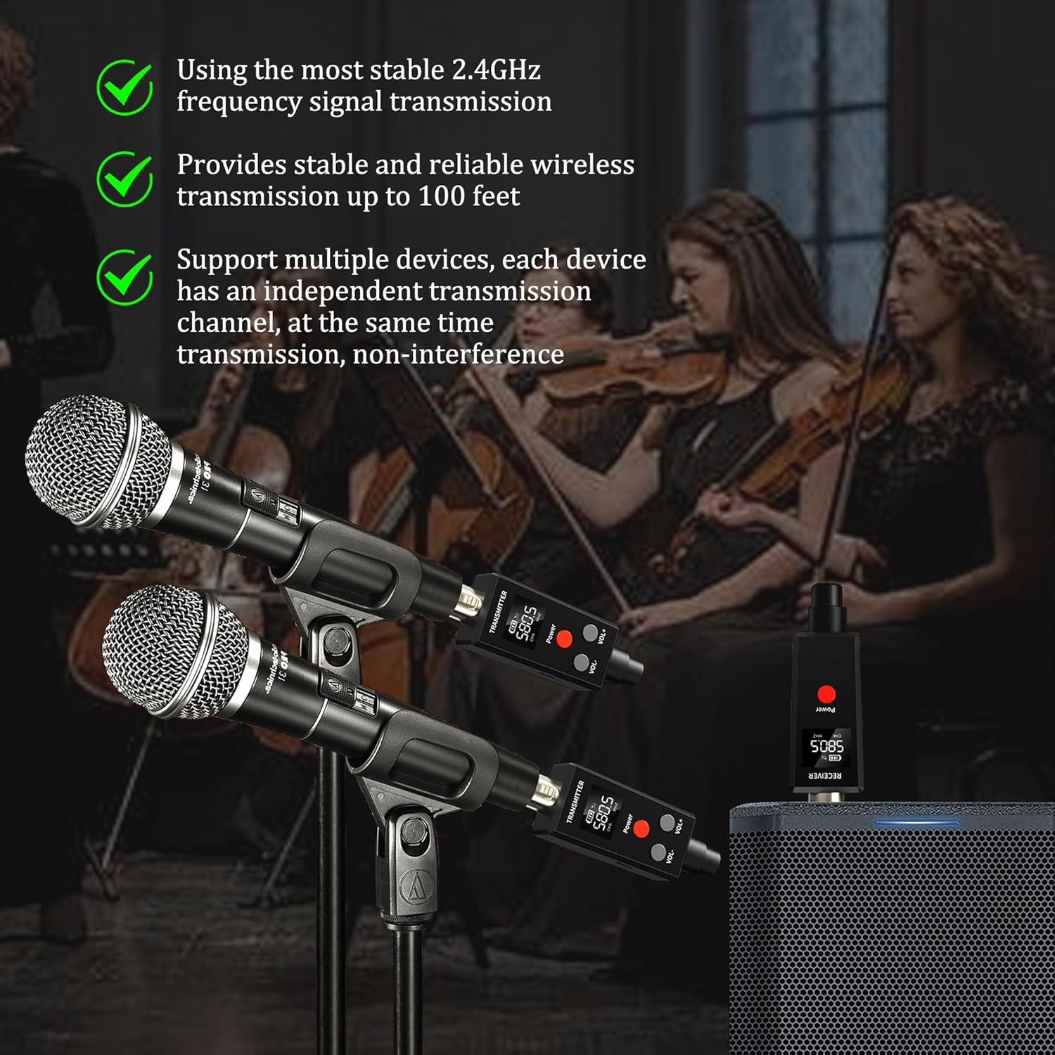 Wireless Microphone System 2.4GHz Wireless Plug-in XLR Dual Transmitter and Receiver for Dynamic Microphones, Mixers, PA Systems, 2 Transmitters to Microphones, Synchronized Transmission