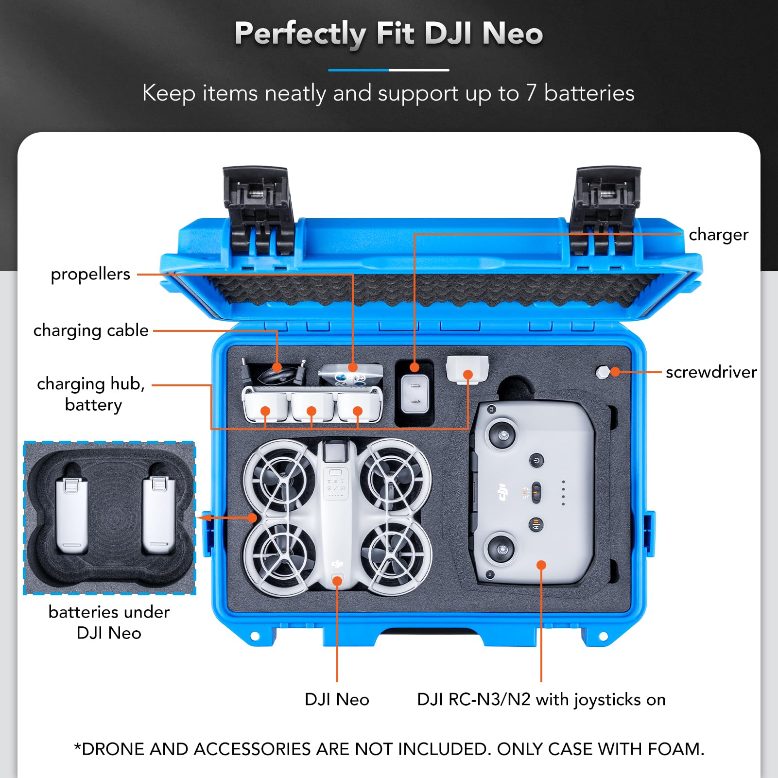 Lykus Titan N110 Waterproof Hard Case for DJI Neo Combo, RC-N3/DJI RC 2, Support Up to 7 batteries [CASE ONLY]