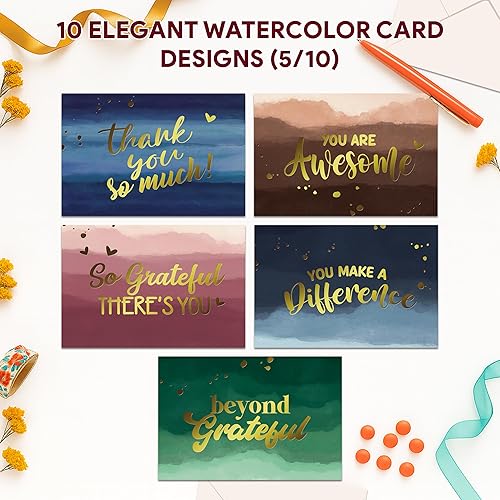 Decorably 50 Pack Gold Foiled 6x4in Employee Appreciation Cards with Envelopes and Stickers, 10 Designs Folded Employee Thank You Cards for Employees, Blank Inside - Promotion, Work Anniversary