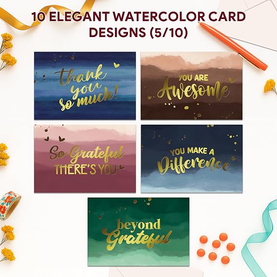 Decorably 50 Pack Gold Foil 6x4in Watercolor Thank You Cards with Envelopes