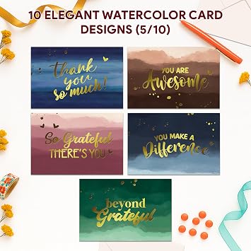 Decorably 50 Pack Gold Foil 6x4in Watercolor Thank You Cards with Envelopes